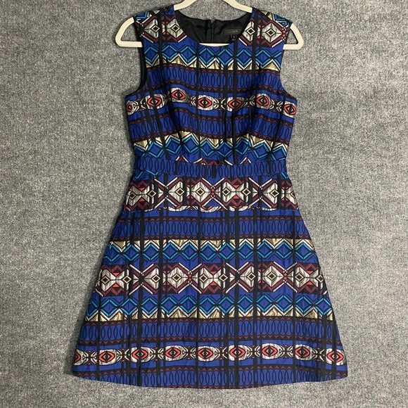 J. Crew Mini Dress 2 Small Blue Geometric Jacquard Fit And Flare Windowpane - Picture 1 of 11